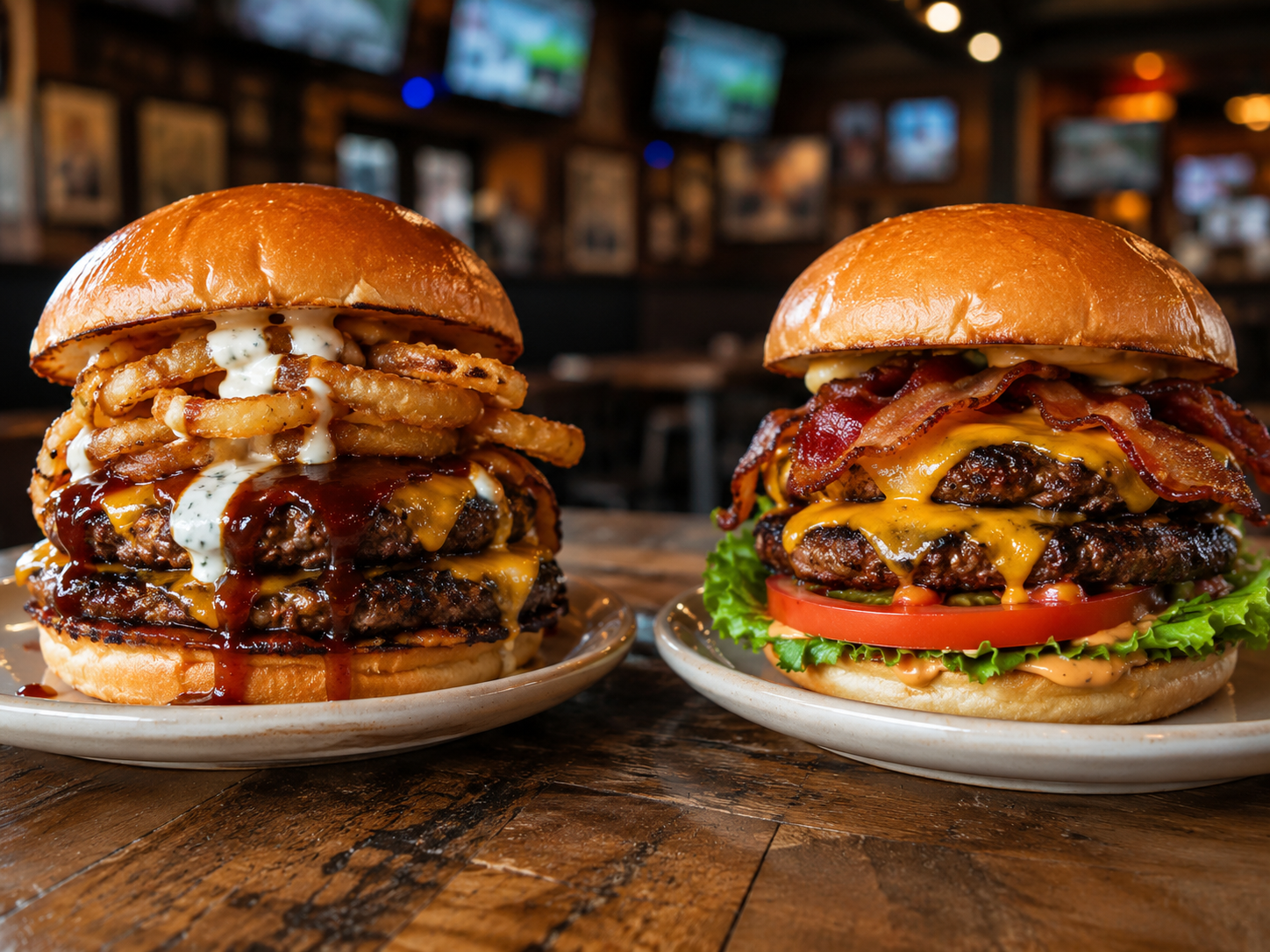 BBQ Ranch double smash burger with onion rings