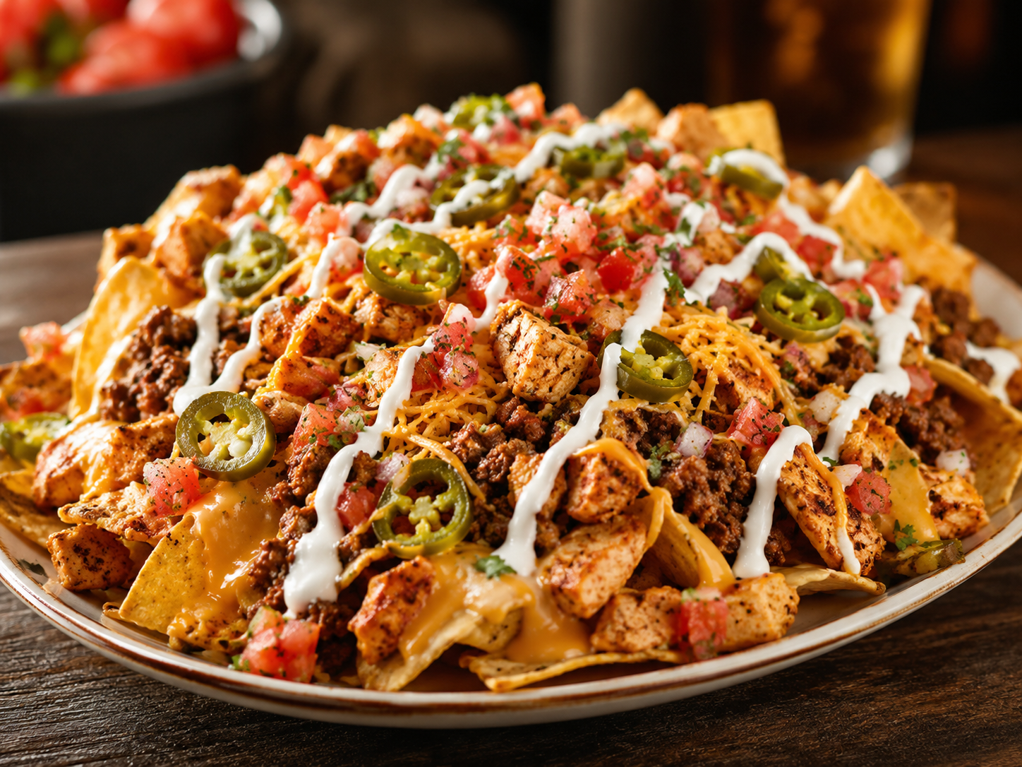 Loaded nachos with queso, jalapeños and pico