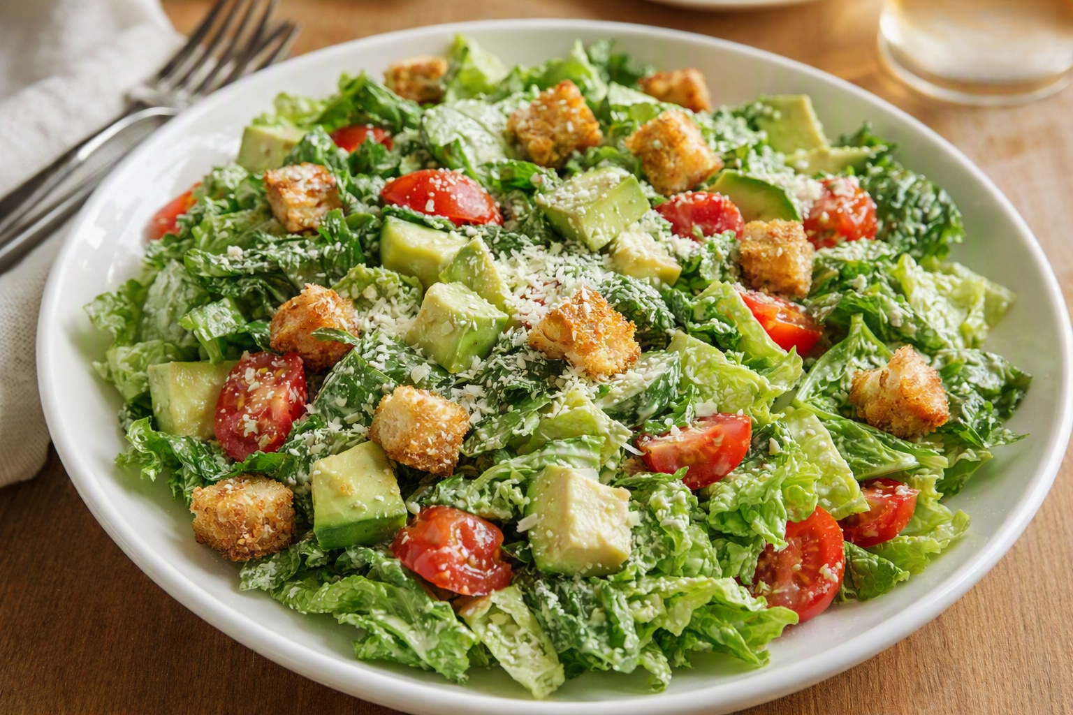 Caesar salad with croutons, avocado, and tomatoes